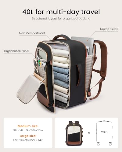 LOVEVOOK Travel Backpack for Women, 40L Carry On Backpack Flight Approved, Large Personal Item Bag Fits 17 inch Laptop, TSA Approved Luggage with 3 Packing Cubes,Waterproof Weekender Gym Daypack - color: Black-white-brown, size: 40L