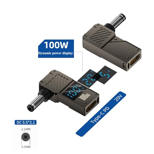 Female USB C to DC 5.5mm x 2.1mm Male Converter for Laptop, 100W 20V USB Type C Input to DC5521 Power Converter display Charging power watt, Work with PD Charger/PD Power Bank and c to c Cable