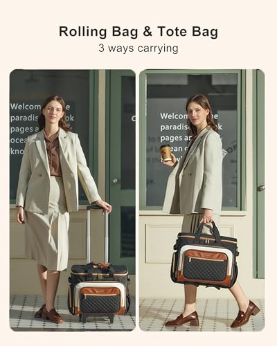 LOVEVOOK Rolling Teacher Bag, Laptop Tote with Detachable Dolly | Fits 17.3 Inch Laptop, Detachable Dolly, Large Rolling Tote Bag for Teacher Office Work Nurse, Adjustable Handle - color: Black-brown