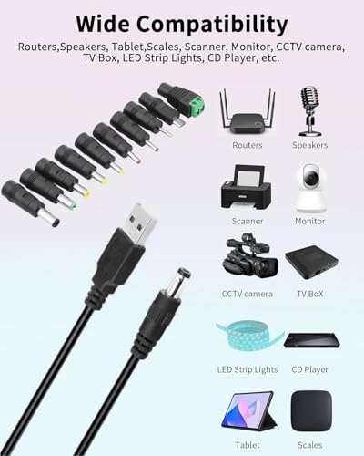 Universal 5V DC Power Cable, USB to DC Charging Cord with 10pcs Adapter Plugs Compatible with Webcam Router, Power Bank, Toy, Recorder, Bluetooth Speaker, Scanner, DVR, Hard Disk Box, USB-HUB etc.