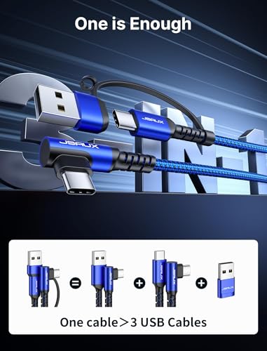 JSAUX 3-in-1 USB-C Cable 2-Pack 10FT, 100W Right-Angle Fast Charging, Blue | Right-Angle Braided Cables with USB-A Adapter, 2 x 10 ft, for iPhone 17/16/15, Galaxy S26/S25/S24, iPad, MacBook, Steam Deck - color: Blue, size: 10FT