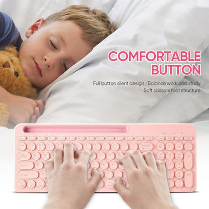 Wireless Keyboard and Mouse Combo with Phone Tablet Holder, Rechargeable Dual-Mode (Bluetooth 5.0 and 3.0 +2.4G) Multi-Device Silent Mouse for Windows, iPad, Tablet, MacOS,iOS,Android (Pink) - color: pink