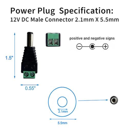 10 Pairs 12V 5A DC Power Plug Connectors (5.5mm x 2.1mm) | 10 Male & 10 Female Jacks, LED Strips, CCTV Cameras, Security Systems, Durable Barrel Adapters