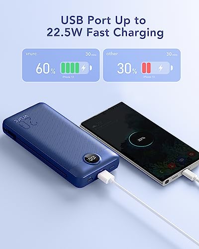VRURC Portable Charger 20000mAh, Fast Charging Power Bank USB C,4 Output 2 Input Travel Essentials Charging Bank Equipped with LED Display,Built-in Wall Plug and Cables,Phone Charger Battery,Navy - color: Navy