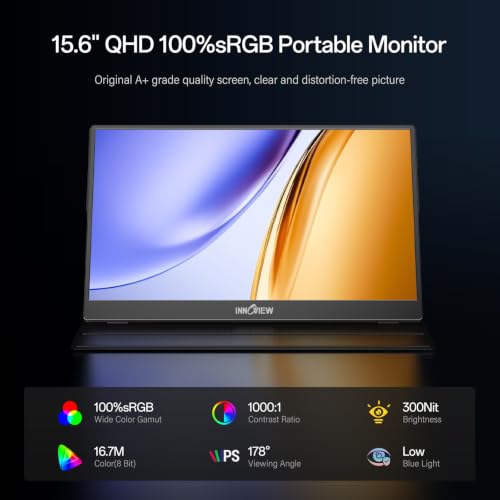 InnoView 2K Portable Monitor for Laptop 15.6" 2560×1440 QHD 100% sRGB Built-in Speaker USB C Standard HDMI External Second Screen for Mac Laptop Phone PS4/5 Xbox Switch - color: Grey