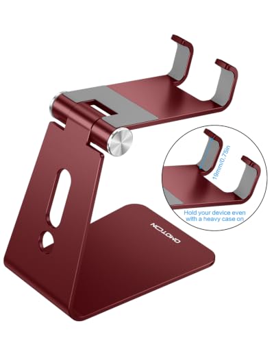 OMOTON C2 Adjustable Cell Phone Stand with Charging Cutout, Cherry Red | Sturdy 3mm Aluminum, Charging Port, 270° Adjustable, Non-Slip Silicone Pads, Works with Thick Cases, for All Smartphones - color: Cherry Red