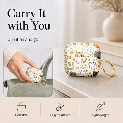 Compatible with AirPod 4 Case 2024, Cute Hard Plastic Protective Cover for Airpod 4th Generation Women, Shockproof Shell Skin with Gold Ring Keychain,Cute Cats Hearts Clouds Sun Moon Stars - color: Cute Cats Hearts Clouds Sun Moon Stars