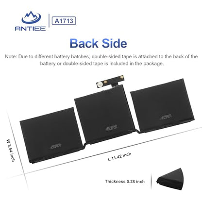 A1708 Battery Replacement, A1713 Battery for MacBook Pro 13 Inch A1708 [Late 2016, Mid 2017] EMC 2978 3164 MPXQ2LL MLL42LL MLUQ2LL MPXR2LL MPXU2LL MPXT2LL MacBookPro13,1 14,1 11.4V 54.5Wh 4781mAh - size: 11.4*3.5*0.15inch A1713