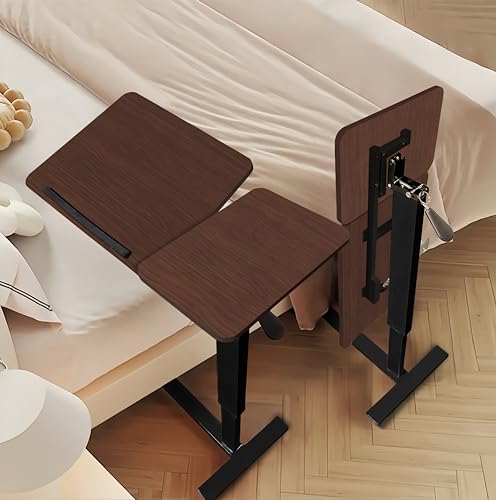 Folding Overbed Table with Wheels - Adjustable Height Rolling Bedside Laptop Desk, Tilting Tray Table for Eating, Working, Reading - Sturdy H-Shape Base, Mobile Sofa Side Table (Walnut)