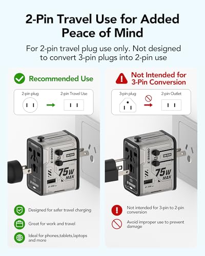 MFish 75W Universal Travel Adapter, 5-Port International Power Adapter with Retractable USB-C Cable, 3 USB-C & 1 USB-A + AC Outlet, Worldwide Wall Charger for MacBook, iPhone, iPad, EU/UK/US/AUS, Grey - color: Grey