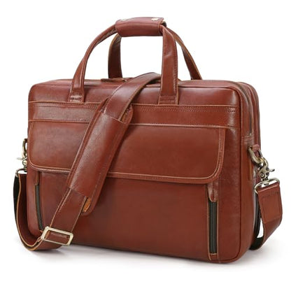 Masa Kawa Leather Briefcase for Men 15.6", 17" Laptop Computer Case Business Travel Work Messenger Cross Body Shoulder Bag - color: Tan-fits 15.6" Laptop
