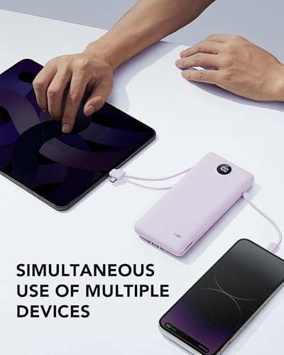 VRURC Portable Charger, Power Bank Built-in Cables and AC Wall Plug | USB C Power Bank 10000mAh Travel Essentials Phone Charger Compact External Battery Pack For Smart Phones, Tablets etc-Purple - color: Purple