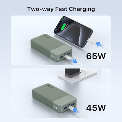 JUOVI Portable Charger 65W Power Bank 20000mAh Compact USB C Laptop Power Bank Fast Charging Battery Pack for Laptop MacBook Dell XPS iPad Tablet Steam Deck iPhone 17/16/15/14 Series Samsung and More - color: Green