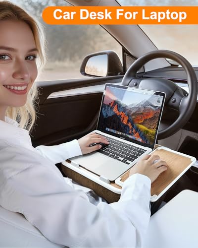 Car Desk for Laptop with Mouse Pad, Car Tablet Holder Back Seat for Kids, Car Tray Table for Front Seat Passenger, Portable Soft Pillow Stand for Vehicle Bed Sofa - Wood Grain