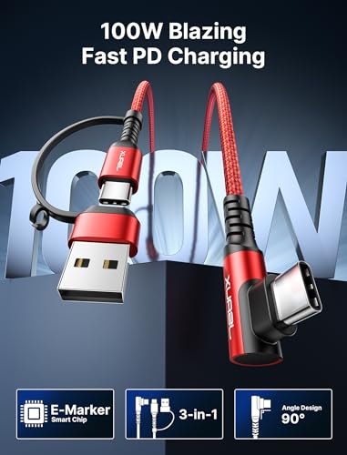 JSAUX 3-in-1 USB-C Cable 2-Pack 6.6FT, 100W Right-Angle Fast Charging, Red | Right-Angle Braided Cables with USB-A Adapter, 2 x 6.6 ft, for iPhone 17/16/15, Galaxy S26/S25/S24, iPad, MacBook, Steam Deck - color: Red, size: 6.6FT