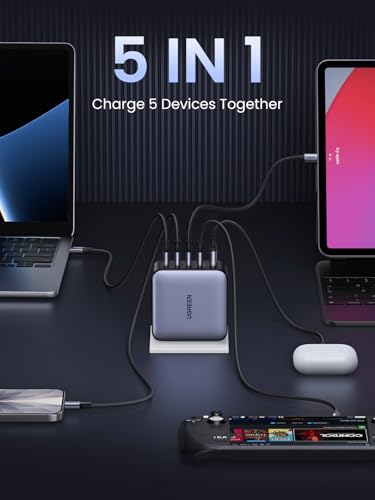 UGREEN Nexode 100W GaN USB C Laptop Charger, 5-Port Fast Charging Power Adapter Compatible with MacBook Pro/Air, iPhone 17/16/15 Series, Galaxy S25/S24, Pixel 10/9, iPad Air, Steam Deck