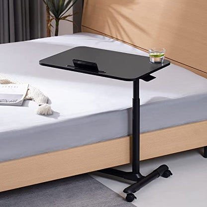 ETHU Overbed Table with Hydraulic Lift, 27.1-34.2 Inch Height Adjustable Bed Table with Lockable Casters - Wood Grain Tabletop with Cup Holder & Charging Slot, 22lbs Capacity Rolling Bedside Desk - color: Black