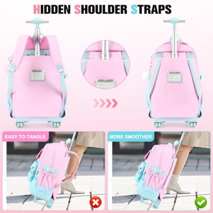 ACESAK Rolling Backpack for Girls - Roller Wheels School bag with Lunch Bag & Pencil Pouch for Teen Girls Kids Wheeled Suitcase Backpacks, Elementary Middle School Travel Daypack(Pink Blue) - color: Pink Blue