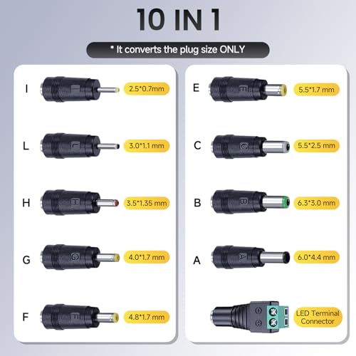 10PCS DC Tip Kit Power Adapter Jack with 5.5x2.1mm Female Base Laptop Plug 2.5x0.7mm/3.0x1.1mm/3.5x1.35mm/4.0x1.7mm/4.8x1.7mm/5.5x1.7mm/5.5x2.5mm/6.3x3.0mm/6.0x4.4mm/LED Terminal Connector