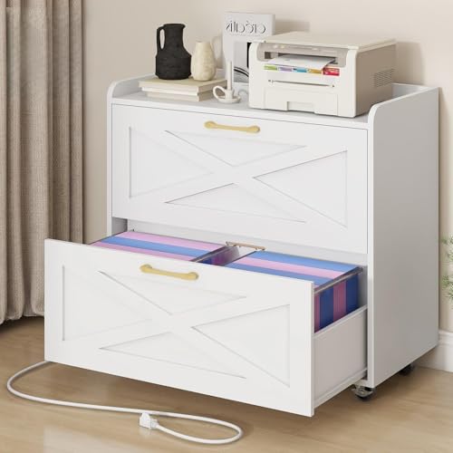 Halitaa Lateral File Cabinet with Charging Station, Large Mobile Storage Filing Cabinet for Letter/Legal/A4 Size Hanging Files, Rolling Printer Stand with 2 Drawers for Home Office, Simple White - color: Simple White