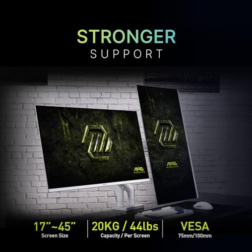 MSI MAG MT201DW - Premium Heavy Duty Dual Monitor Stand Arms, 17-45" Support, VESA Compatible, Adjustable Spring Assisted Mount, 44 lbs per Screen, Clamp & Grommet, Quick Release Plate - White - color: White