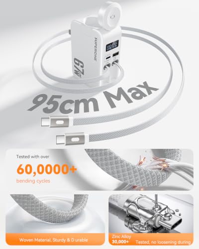 SUPERONE 67W Fast Retractable USB C Charger with Dual Braided Cables | 5 in 1 Retractable Wall Charger, 4-Port Charger Block Travel Essentials for iPhone 17/16/15/14/13/12,iPad,Galaxy, iWatch - color: Matt White