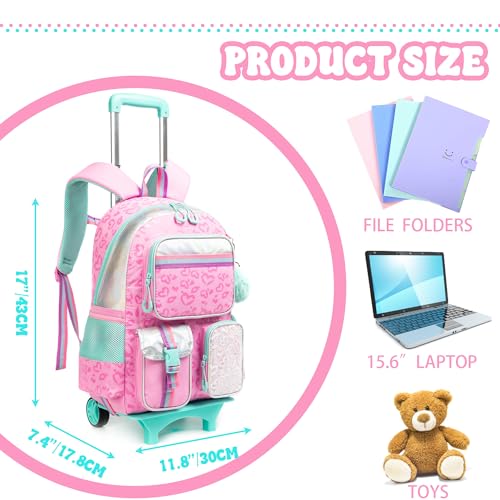 Meetbelify Backpack with Wheels for Girls Rolling Backpack Cute Carry on Backpack for Elementary Student - color: Love Pink