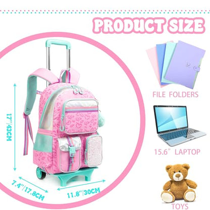Meetbelify Backpack with Wheels for Girls Rolling Backpack Cute Carry on Backpack for Elementary Student - color: Love Pink