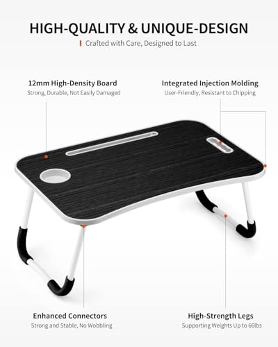 FISYOD Foldable Laptop Table, Portable Lap Desk Bed Table Tray, Laptop Stand with Cup Holder & Tablet Slot & Lifting Handle for Working Writing Drawing & Eating (Black Grain) - color: Black Grain