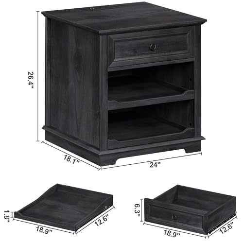 REDAYFUR Lateral File Cabinet 3 Drawer File Cabinet with Charging Station, Printer Stand with Open Adjustable Storage Shelves, Lateral Filing Cabinet for Home Office, Black - color: Black