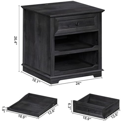 REDAYFUR Lateral File Cabinet 3 Drawer File Cabinet with Charging Station, Printer Stand with Open Adjustable Storage Shelves, Lateral Filing Cabinet for Home Office, Black - color: Black