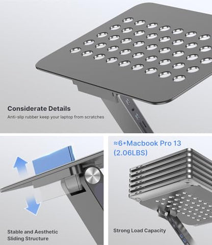 KU XIU Adjustable Laptop Stand with 8 in 1 USB C Hub, Foldable Portable Computer Notebook Stand with 360° Rotating Base, Riser Holder Mount for All 10-17" Laptops (Gray) - color: Gray