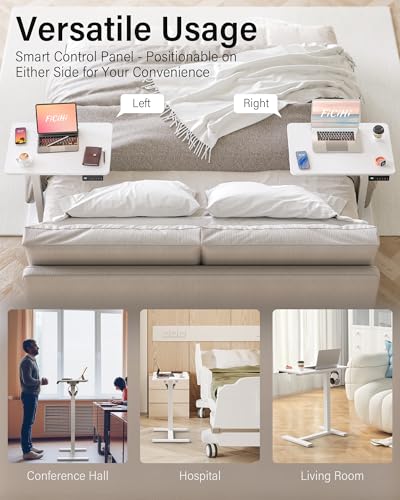 FiCiHi Electric Overbed Table, Adjustable Height Bedside Desk with Hidden Wheels, Rolling Sit-Stand Laptop Table for Bed, Couch, Sofa, Home Office & Hospital Use, (24" x 16", White) - color: White, size: 24 x 16"