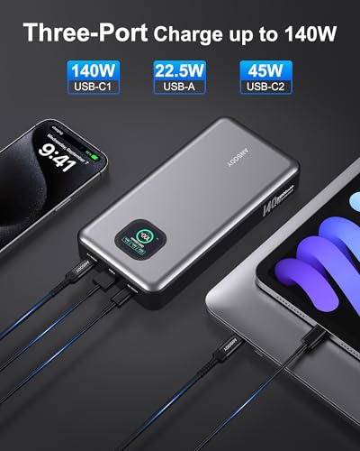 140W Power Bank, 25000mAh Laptop Portable Charger with Smart Digital Display, PD3.1 Fast Charging Battery Pack for MacBook Dell XPS iPad Tablet Steam Deck iPhone 16/15 Series Samsung Switch, Silver - color: Silver