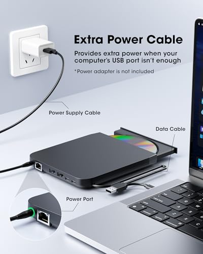 ROOFULL External CD DVD Drive with Ethernet Adapter, USB Hub, SD Slot, Case | 9 in 1 New USB 3.0 & USB-C Portable CD/DVD Optical Disc Drive Burner Reader Writer Player for Windows 11/10, Mac, Linux PC - style: 9 In 1 Drive + Carrying Case