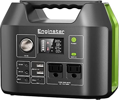 EnginStar Portable Power Station, 300W 296Wh Battery Bank with 110V Pure Sine Wave, 60W Foldable Solar Panel with 18V DC Outlet for Portable Power Stations