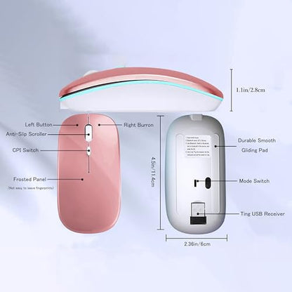 WREANU Wireless Bluetooth Mouse, Rechargeable Laptop Mice, Rose Gold | LED Lights Silent Slim Dual Mode(BT5.2 & 2.4G Portable USB Receiver) Computer Mouse for Laptop/iPad/Tablet/Computer/Mac - color: Rose Gold Wireless Bluetooth Mouse