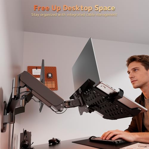 PUTORSEN Monitor and Laptop Wall-Mount - Full Motion 2-in-1 Monitor Arm Fits Max 32" Screen and 18" Laptop, Holds up to19.8lbs, Detachable Laptop Tray with Adjustable Slide Clamp, VESA 75x75/100x100