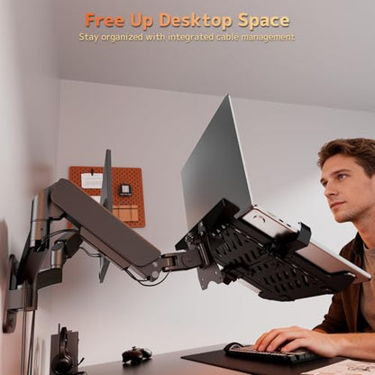 PUTORSEN Monitor and Laptop Wall-Mount - Full Motion 2-in-1 Monitor Arm Fits Max 32" Screen and 18" Laptop, Holds up to19.8lbs, Detachable Laptop Tray with Adjustable Slide Clamp, VESA 75x75/100x100