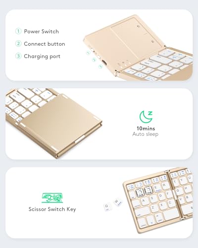 Samsers Foldable Bluetooth Keyboard with Touchpad, Ultra Slim Compact, Gold | Multi-touch Trackpad, Full Size, Phone Holder, USB-C Charging, 1 Device, for Android Windows iOS Mac OS, Mobile Productivity - color: Desert Gold, size: 1-Device