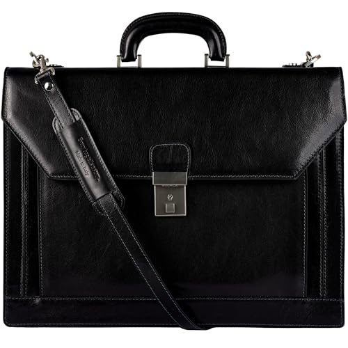 Time Resistance Leather Briefcase - Italian Handmade Laptop Bag - Work Bag for Men and Women - Attache - Computer Bag - color: Black