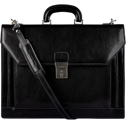 Time Resistance Leather Briefcase - Italian Handmade Laptop Bag - Work Bag for Men and Women - Attache - Computer Bag - color: Black