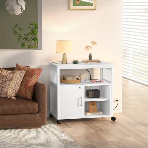 Unikito Rolling File Cabinet Lateral Office Filing Cabinets with Socket and USB Charging Port, Modern Printer Stand on Wheels, Printer Cabinet with Door and Open Storage, Lockable, White - color: White