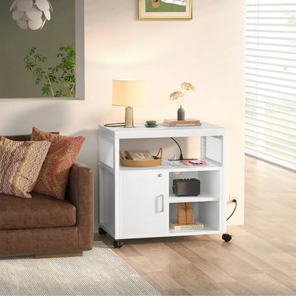 Unikito Rolling File Cabinet Lateral Office Filing Cabinets with Socket and USB Charging Port, Modern Printer Stand on Wheels, Printer Cabinet with Door and Open Storage, Lockable, White - color: White