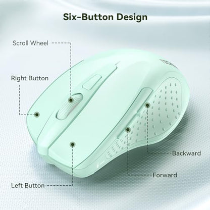 TECKNET Wireless Mouse, 2.4G Ergonomic Computer Mouse, 2600 DPI, Green | Ergonomic Design with Side Grips, Adjustable DPI, 2-Year Battery, Compact Size, USB-A Plug & Play, Wide OS Compatibility - color: Green