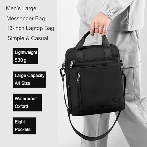 Men's 13-inch Laptop Messenger Bag Oxford Large Shoulder Bag Business Waterproof Casual Black Crossbody Bag for Work Travel Outdoor