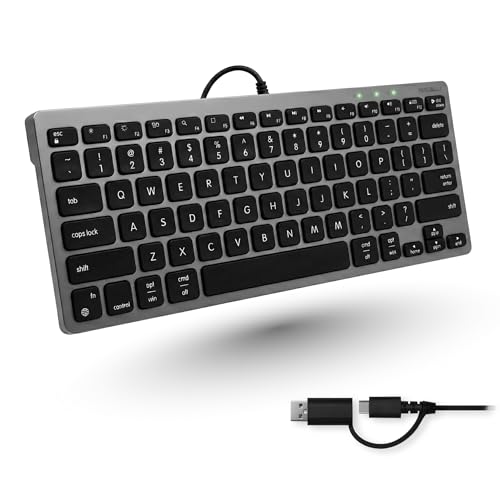 Macally Small Wired Keyboard for Mac and PC (Dual USB C + A) - Save Space, 78-Key Layout with 13 Shortcuts, Type C - Compact USB C Keyboard for MacBook, iMac, iPad, iPhone - Space Gray - color: Space Gray