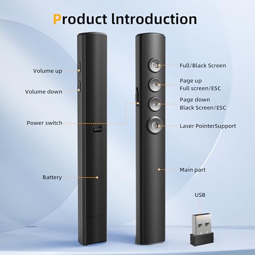 Wireless Presentation Clicker for Powerpoint Slideshow, Office/Classroom PPT Remote Presenter Pointer Slide Advancer with USB Receiver for Computer/MacBook Laptop/PC Black Red Light - color: Black