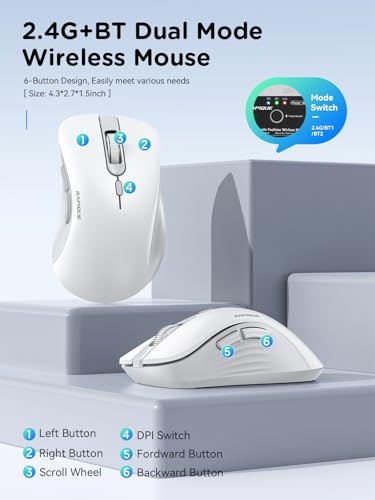 RAPIQUE Wireless Mouse - Dual Bluetooth & 2.4 GHz, White and Grey | Ergonomic Design, Quiet Clicks, Low Power - Multi-Device Compatibility for Laptop, Computer, iPad, MacBook, Chromebook - color: White and Grey