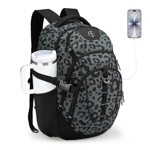 Swissdigital Laptop Backpack, Gray Leopard | USB Charging Port, Travel Backpack, 31l Capacity, For Men - color: Gray Leopard